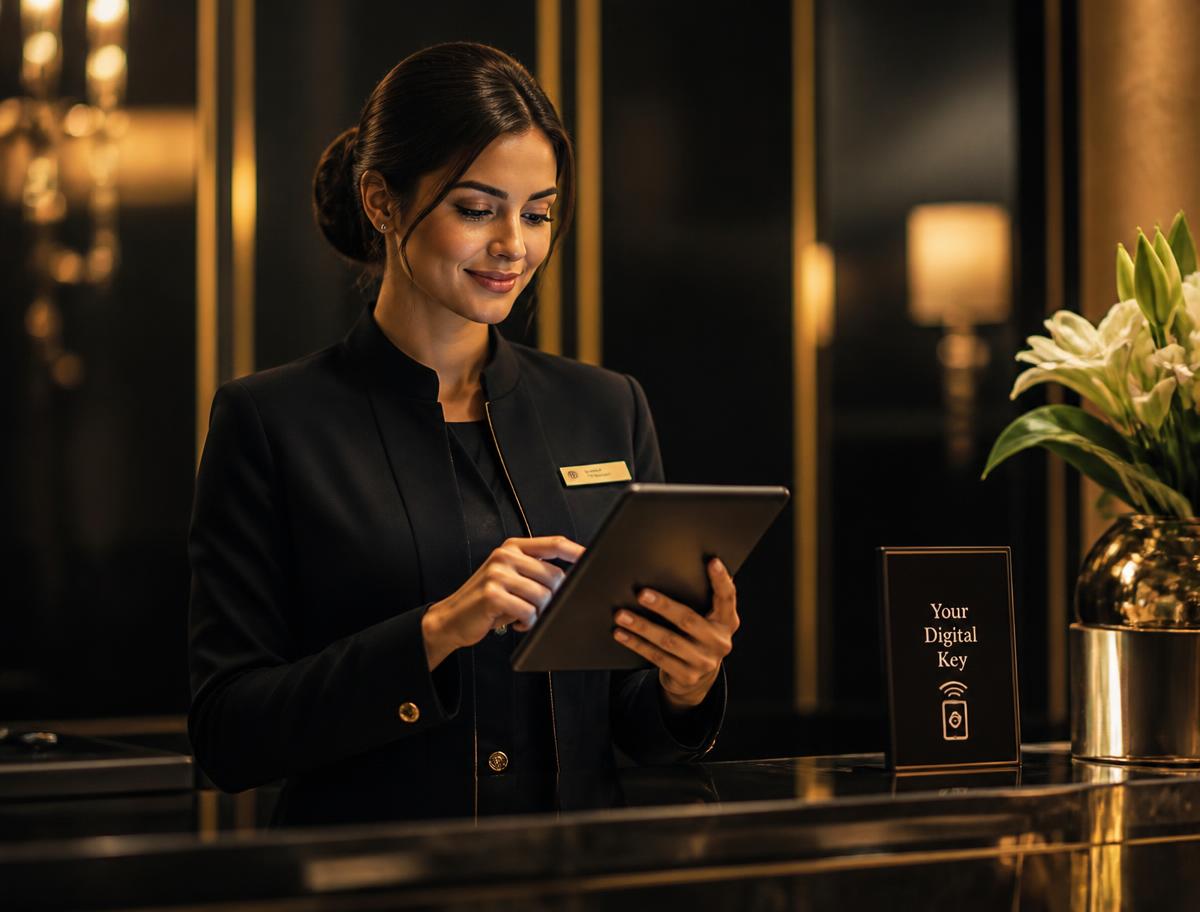 Front desk agent operating a tablet and issuing a digital room key